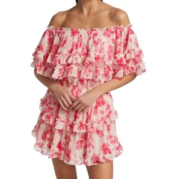 MISA LOS ANGELES Isella Floral Ruffle Georgette Mini Dress Pink White Size S NWT - Picture 1 of 16